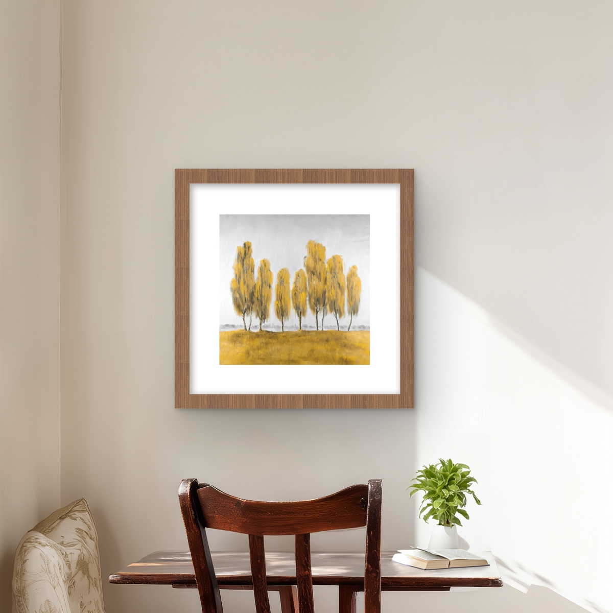 C1FM1616XK1I2C 16 x 16 in. Seven Abstract Yellow Trees - Framed Matted Print for Decor