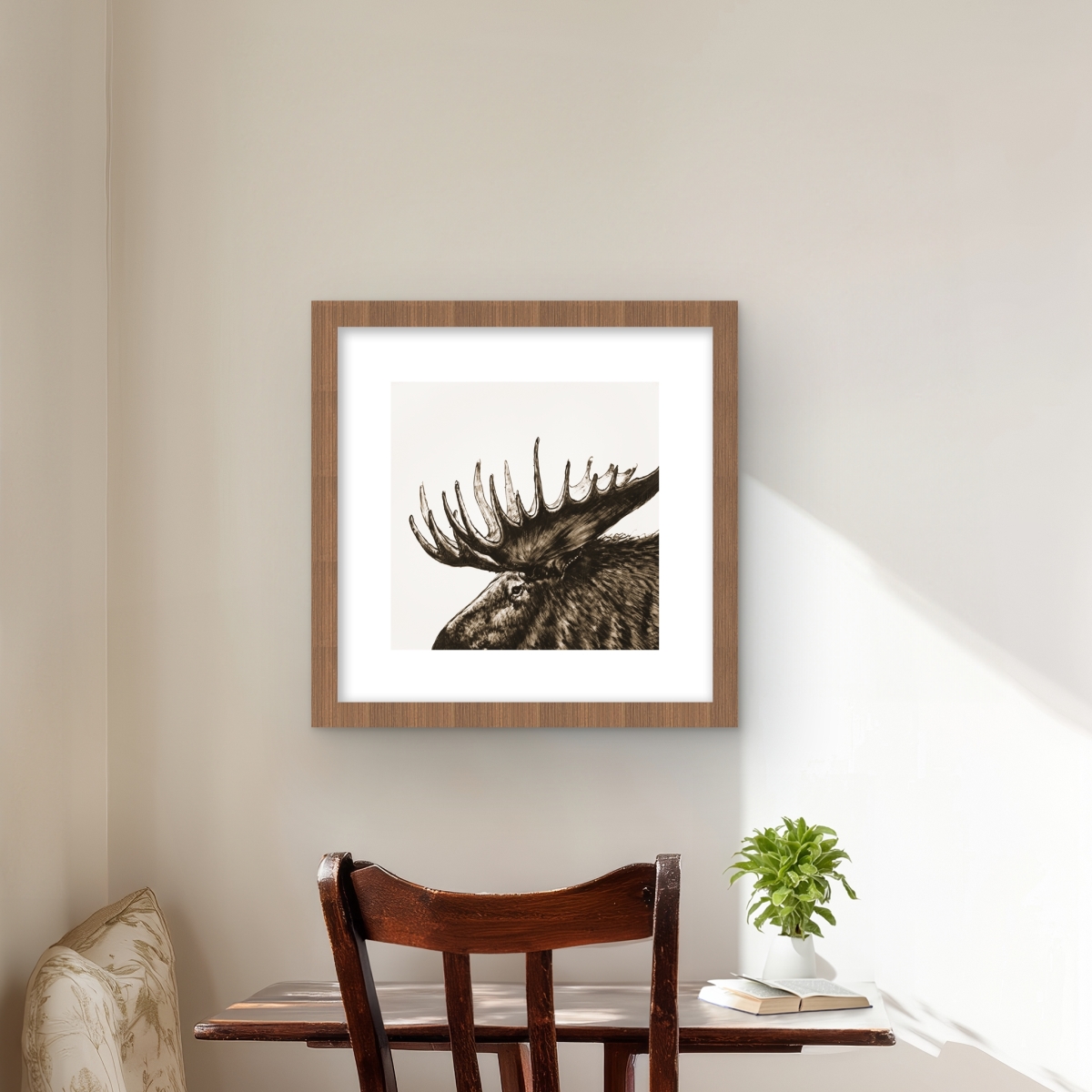 C1FM1616Y2OA55 16 x 16 in. Moose Plume Sepia - Deer Framed Matted Print for Home Decor