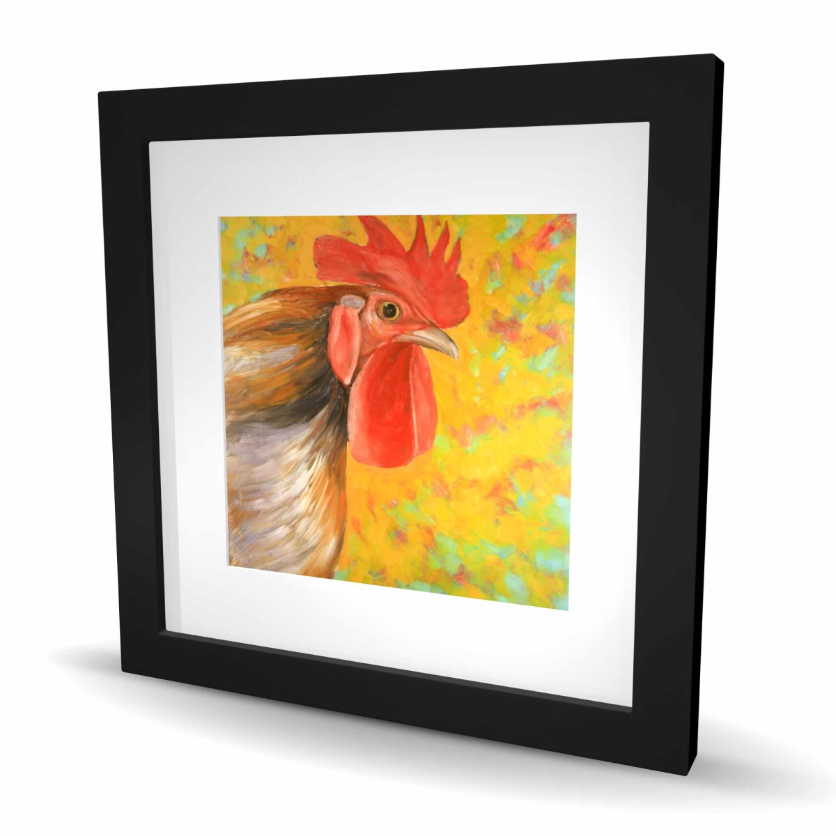 C1FM16168N4V67 16 x 16 in. Colorful Rooster - Framed Matted Print for Kitchen Decor