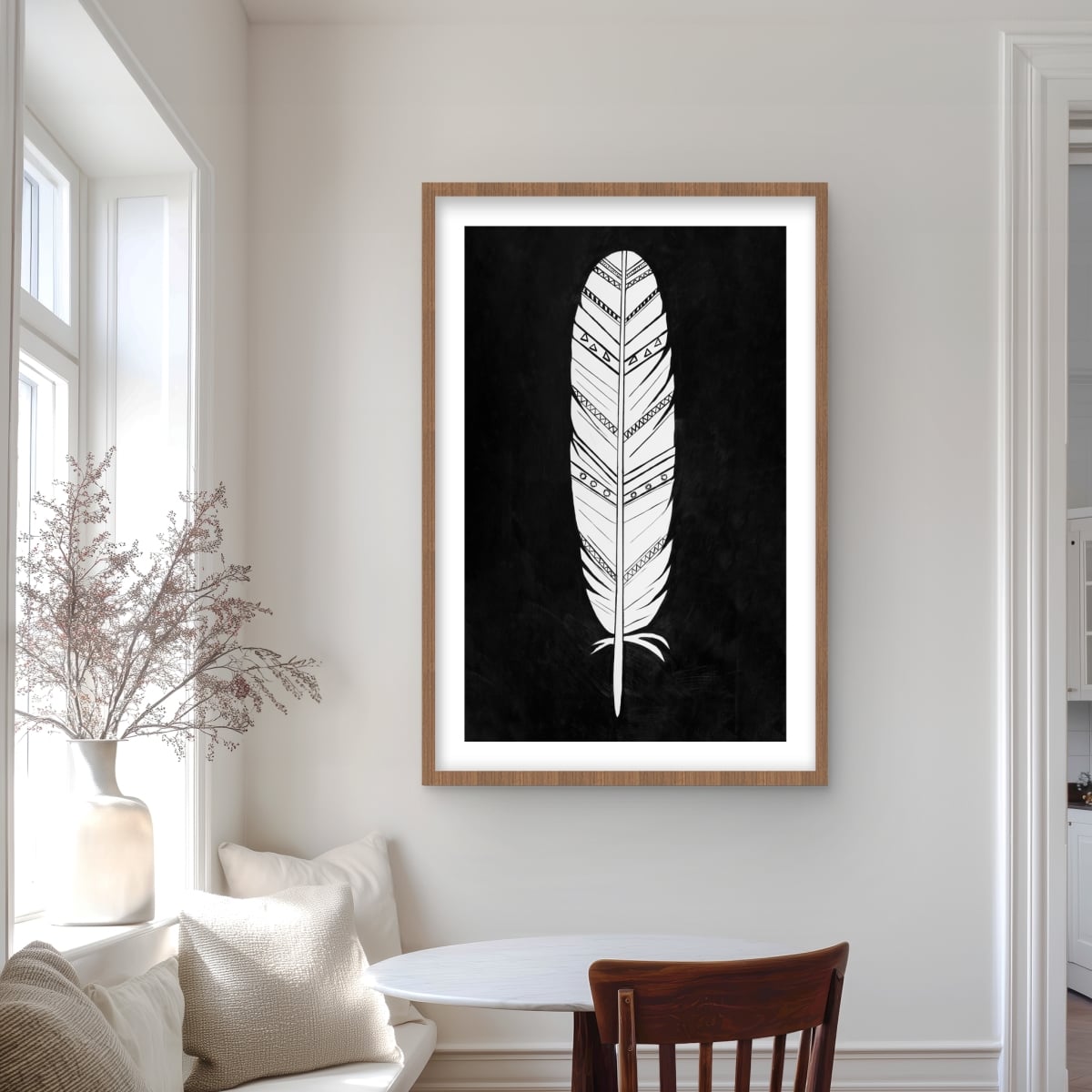C1FM2436QEAK34 24 x 36 in. Native American Feather - Black Ethnic Framed Print Decor