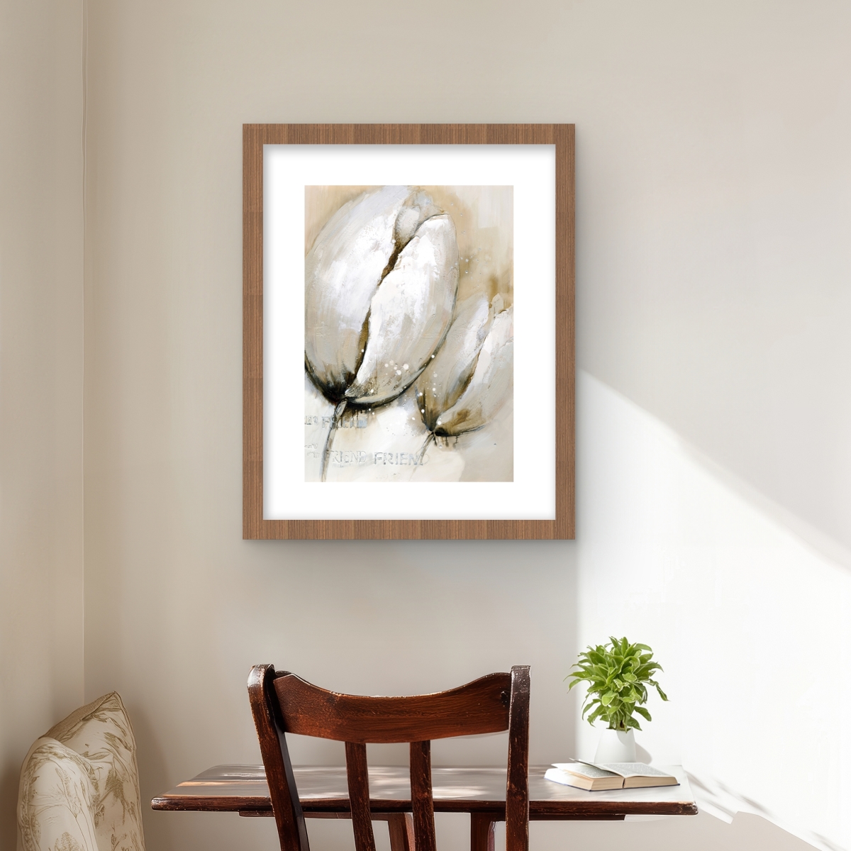 C1FM1620BS2CPY 16 x 20 in. Tulips with Typography - Beige Bedroom Framed Print Decor