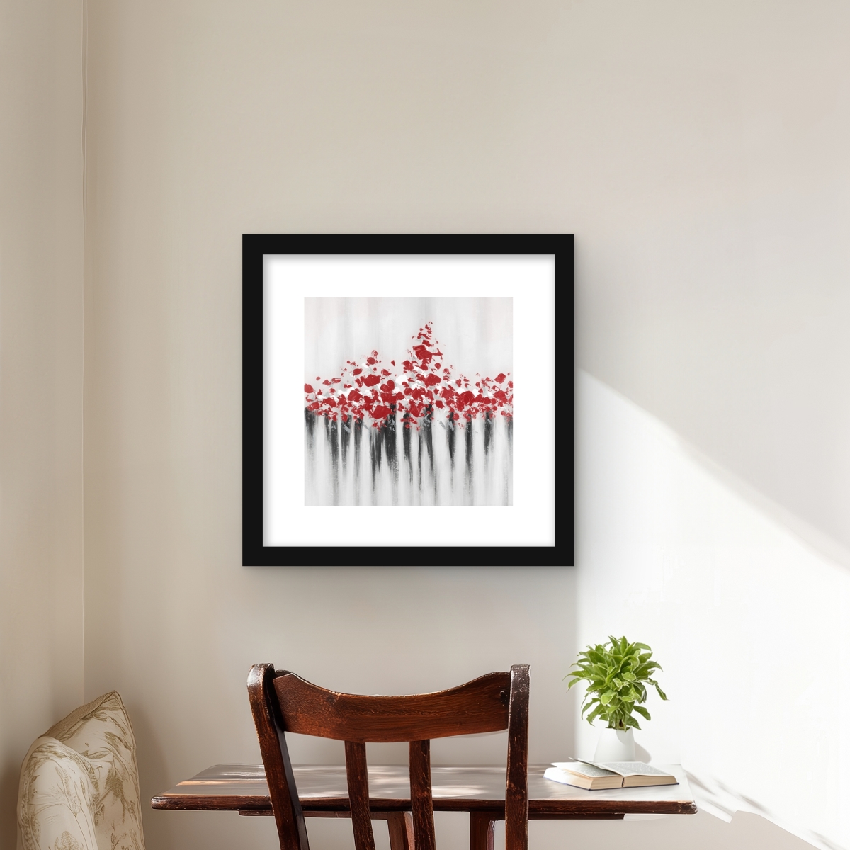 C1FM1616ZNQA68 16 x 16 in. Falling Red Dot - Gray Framed Matted Print for Home Decor