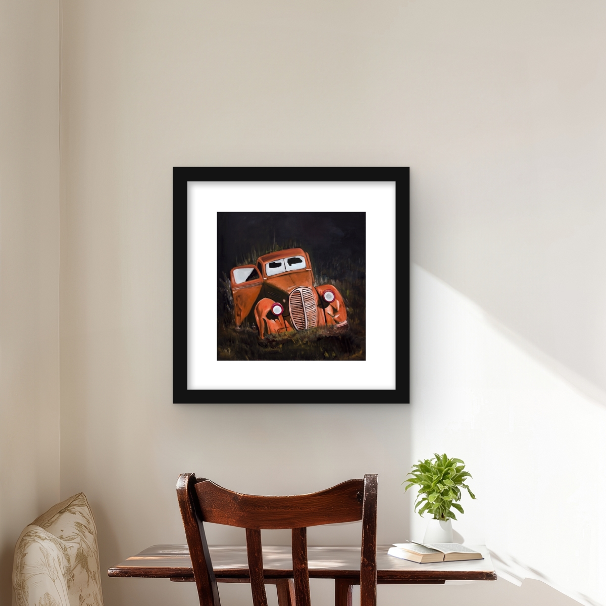 C1FM1616LRHE3M 16 x 16 in. Humpy Old Car by Night - Scenic Office Framed Print Decor