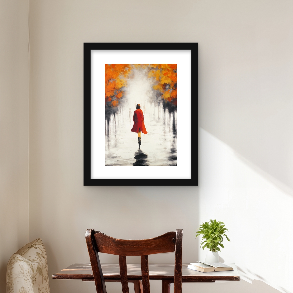 C1FM1620COD0RX 16 x 20 in. Woman with A Red Coat by Fall - Framed Matted Print Decor