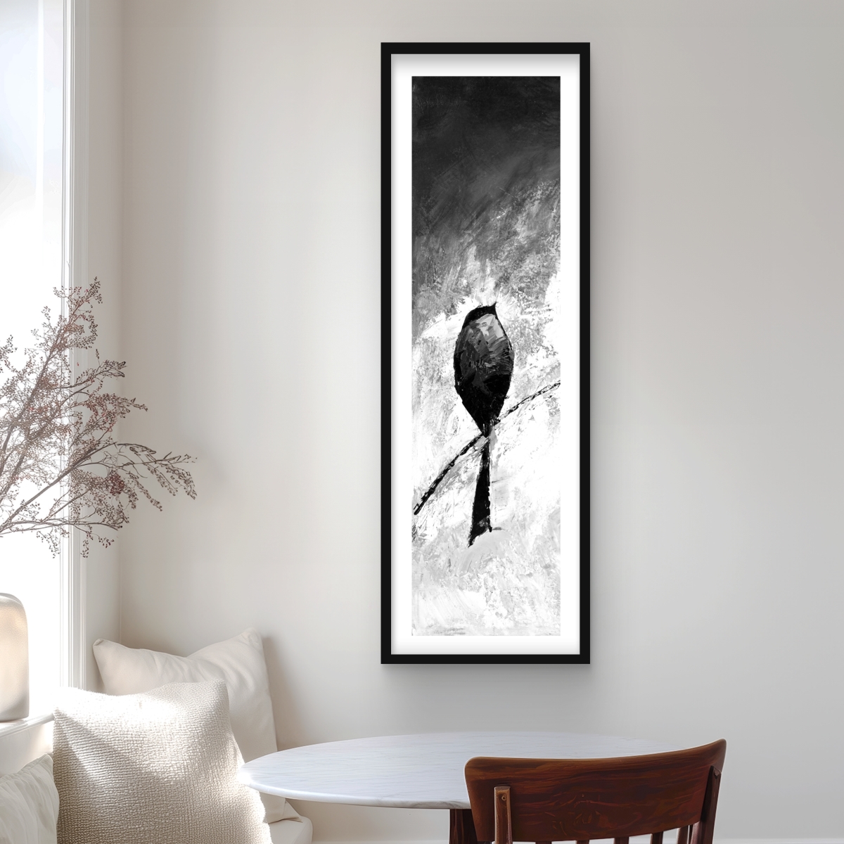 C1FM1648F8G4IO 16 x 48 in. Four Birds Perched - Feathers Black Framed Matted Print