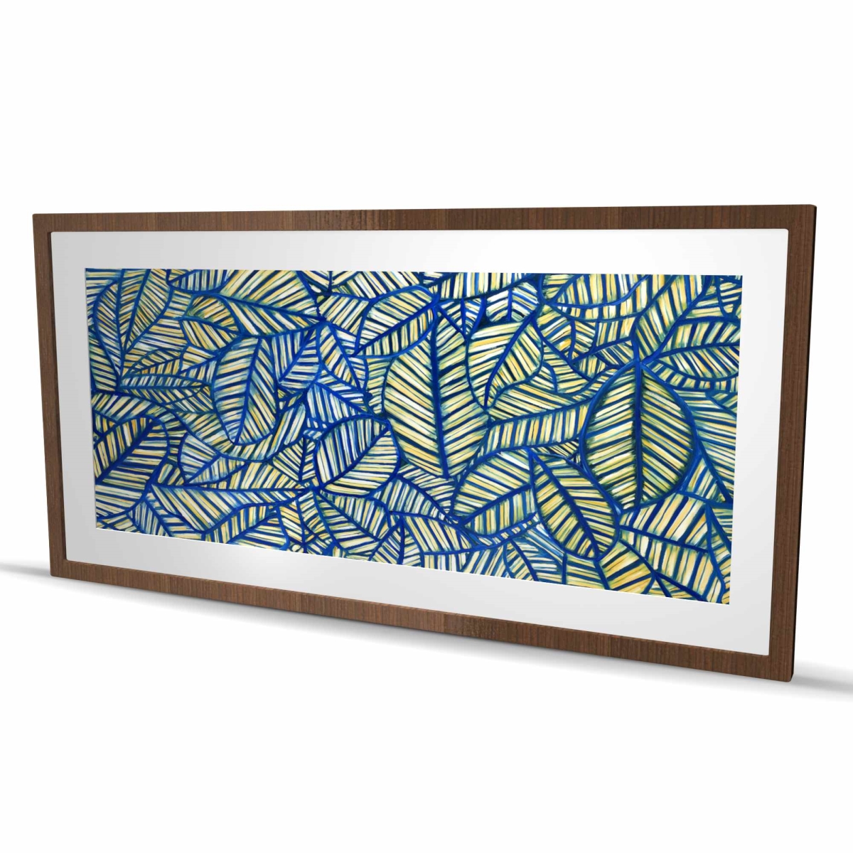 C1FM2448OAF404 24 x 48 in. Blue Leaf Patterns - Framed Matted Print for Home Decor