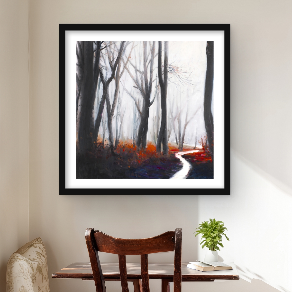 C1FM2424ZFGQL4 24 x 24 in. Mysterious Forest with Stream - Red Trees Framed Print Decor