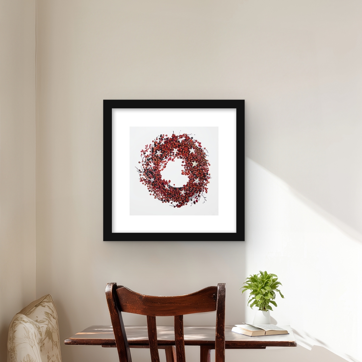 C1FM16169LTN45 16 x 16 in. Red Berry Wreath - Botanical Rustic Framed Matted Print