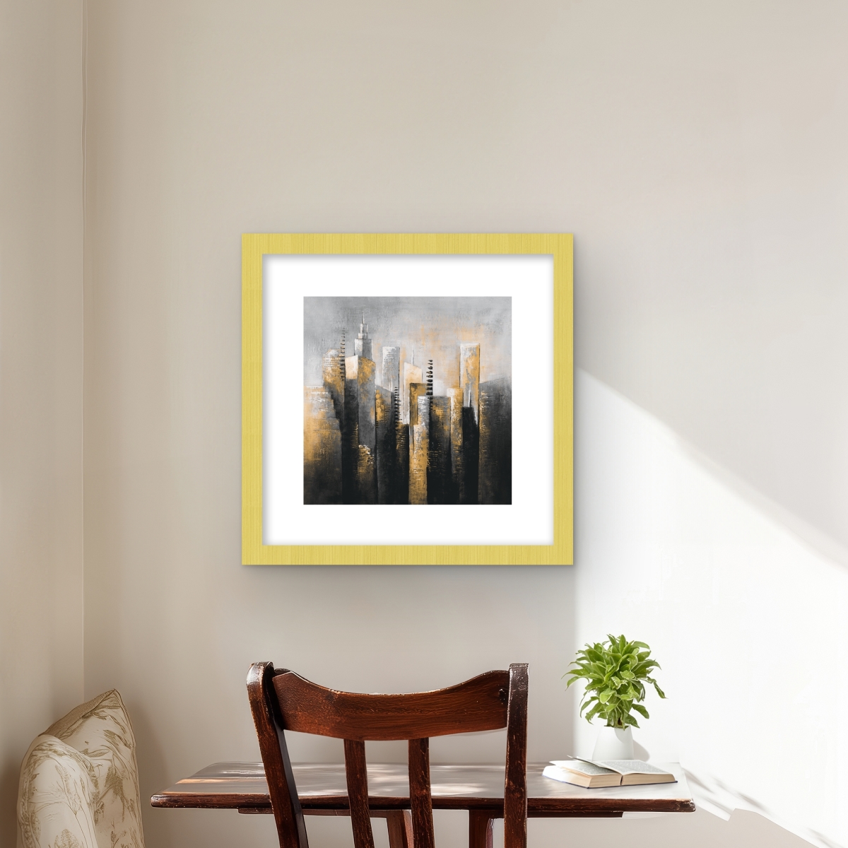 C1FM1616ZDFOL9 16 x 16 in. Abstract Gold Skyscraper - Contemporary Framed Matted Print