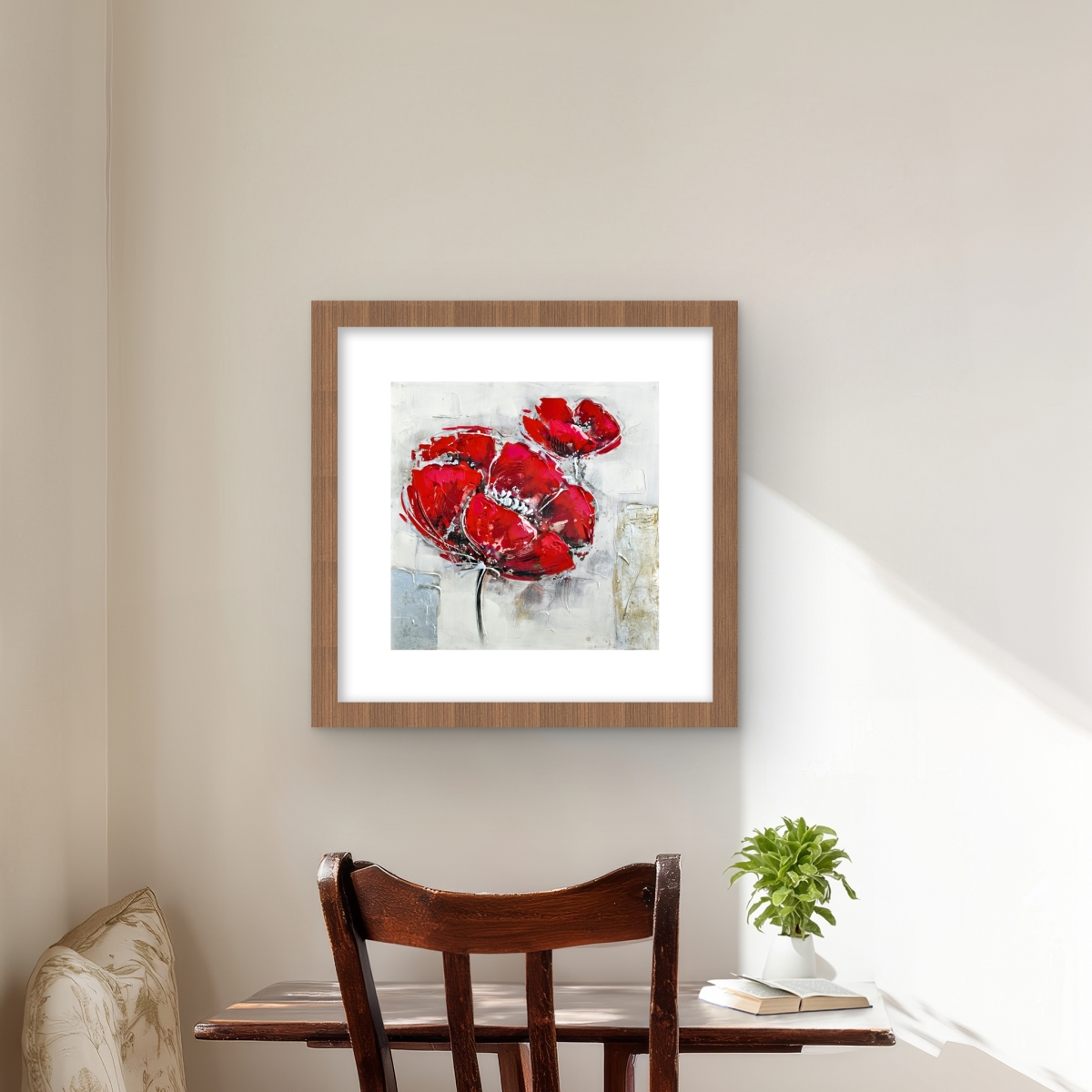 C1FM1616PBD9CB 16 x 16 in. Abstract & Texturized Red Flowers - Framed Botanical Print