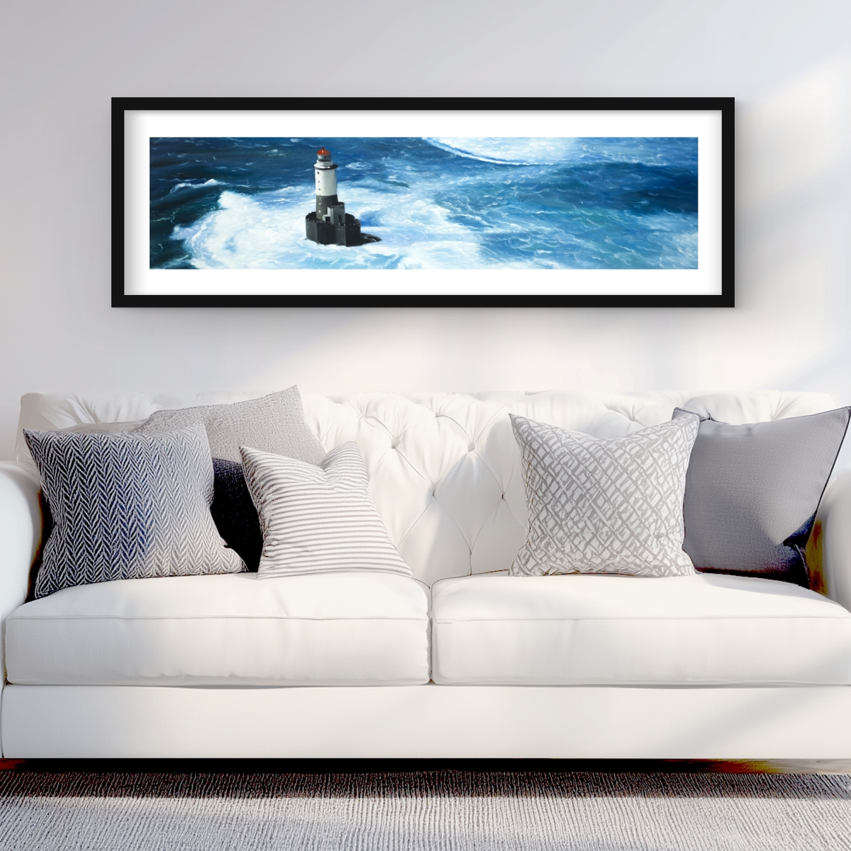 C1FM164880ZABP 16 x 48 in. Unleashed Waves on A Lighthouse - Classic Blue Marine Print