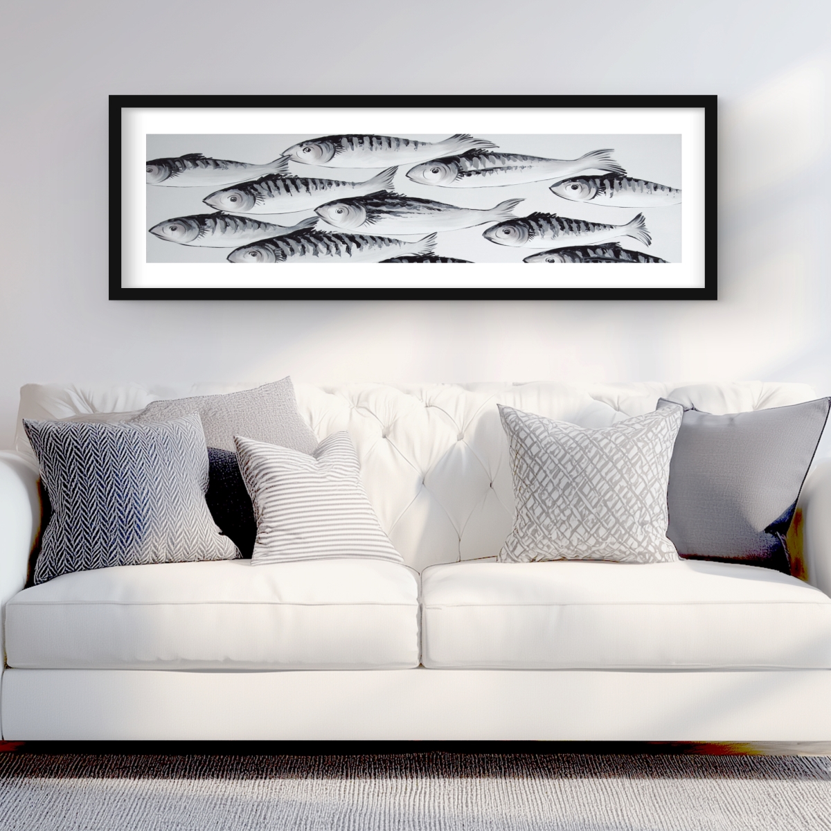 C1FM1648C8OYBE 16 x 48 in. Gray School of Fish - Bedroom Minimalist Framed Print Decor