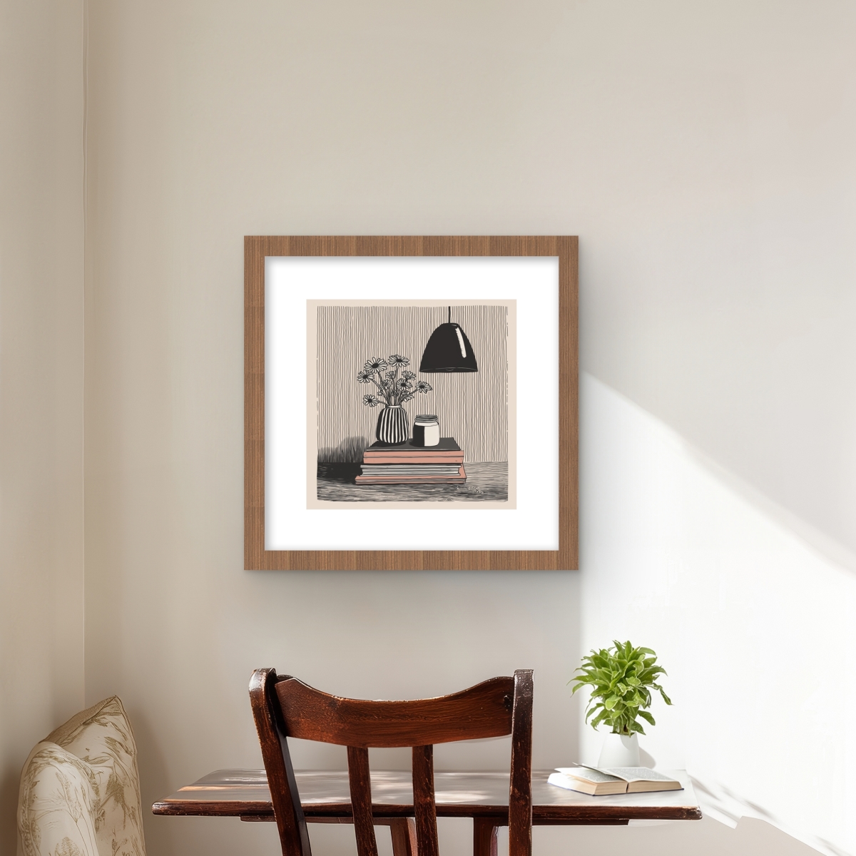 C1FM1616R7V9QI 16 x 16 in. Standing on Books - Still Life Beige Framed Matted Print