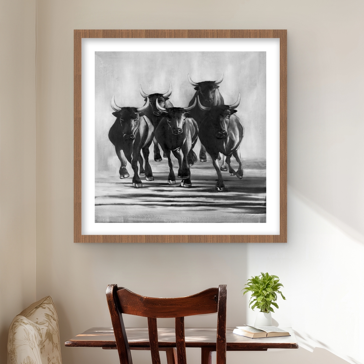 C1FM2424SUDFBF 24 x 24 in. Group of Bulls At Galops - Black Man Cave Framed Print