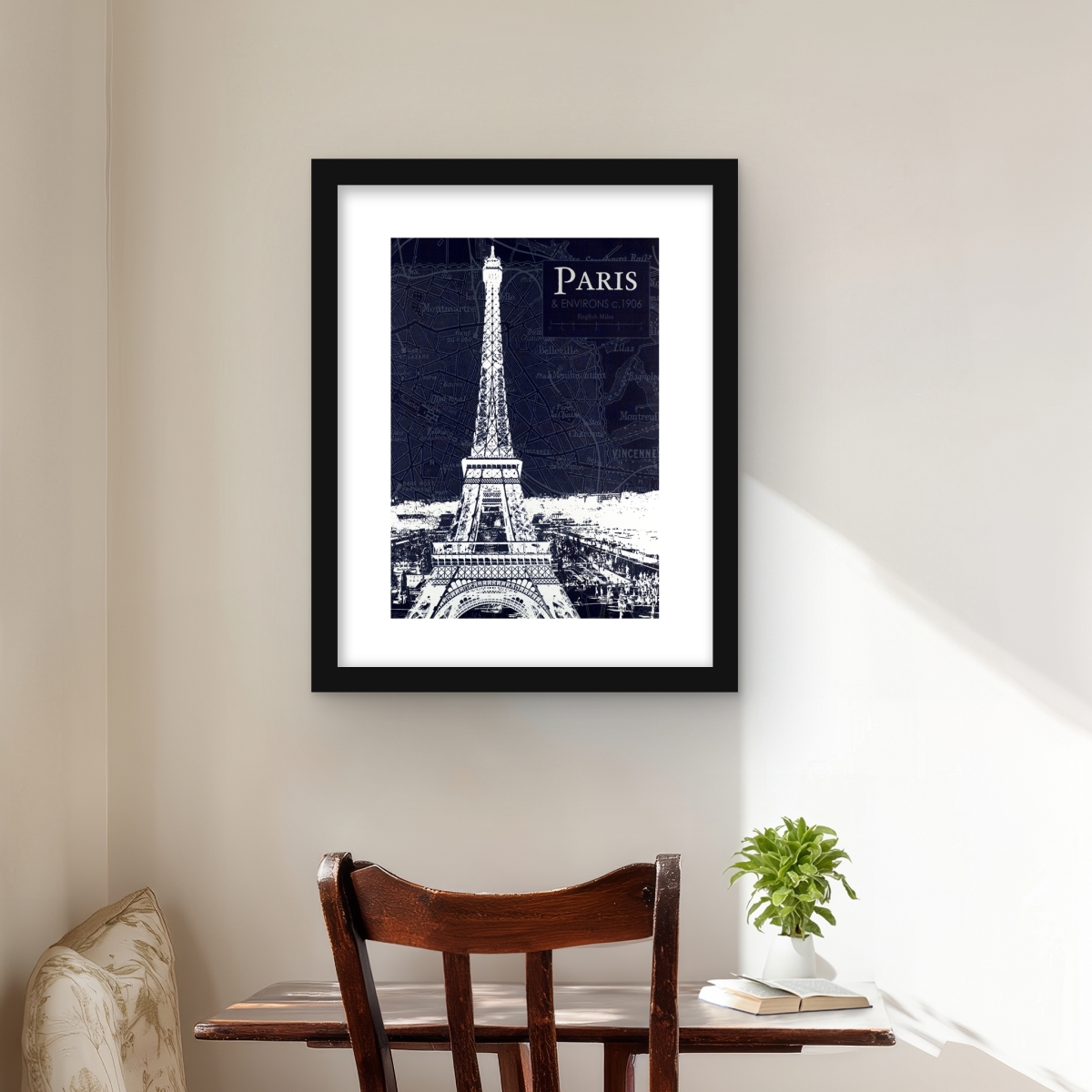 C1FM1620V72EOR 16 x 20 in. Paris Blue Print & Eiffel Tower - Framed Matted Decor