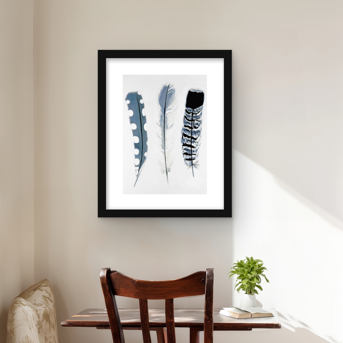 C1FM1620M7JCBI 16 x 20 in. Delicate Blue Feathers Framed Matted Print - Home Decor