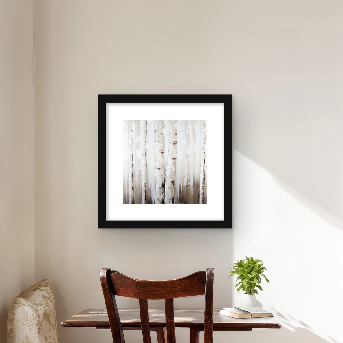 C1FM1616PPBF3F 16 x 16 in. Abstract White Birches - Modern Bedroom Framed Print Decor