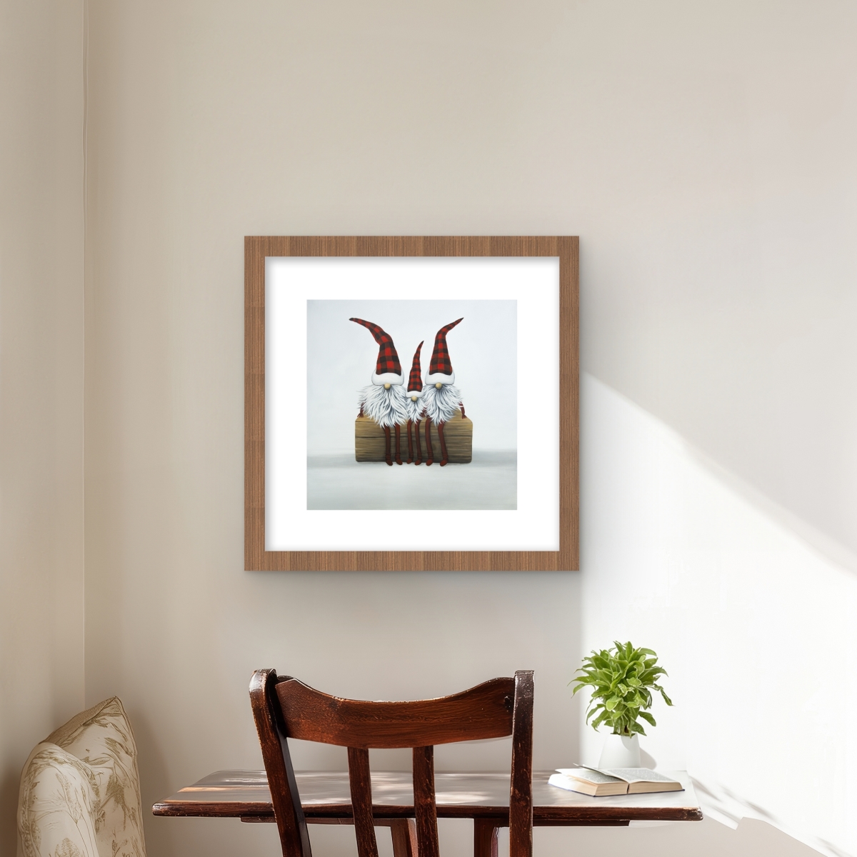 C1FM1616SX45SR 16 x 16 in. Three Christmas Gnomes - Red Pattern Framed Matted Print