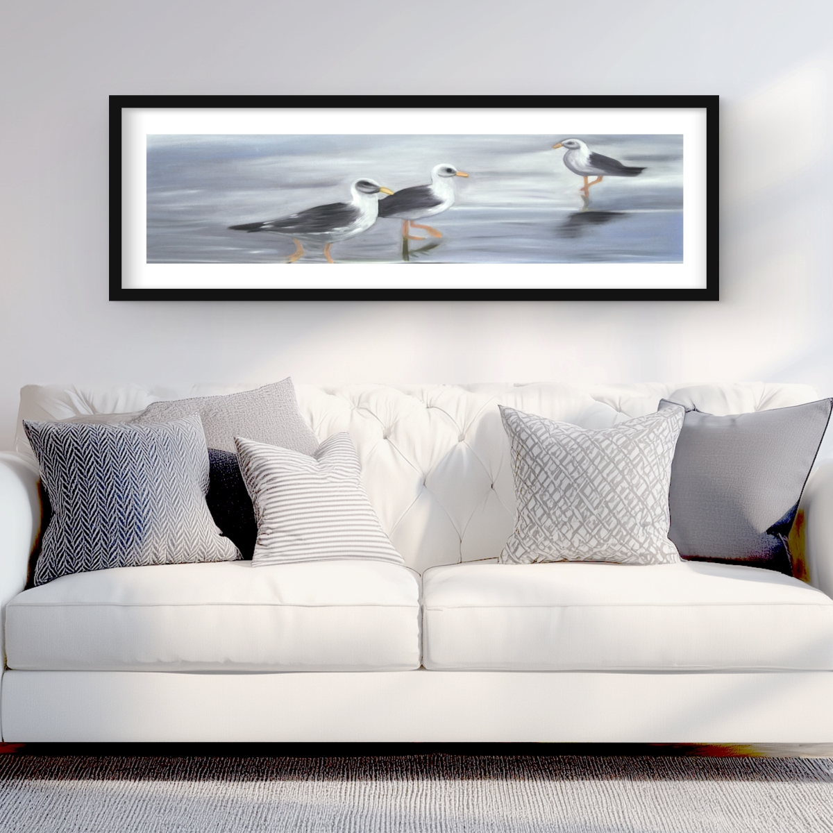 C1FM1648RMESVX 16 x 48 in. Three Gulls - Blue Bird Framed Matted Print for Home Decor