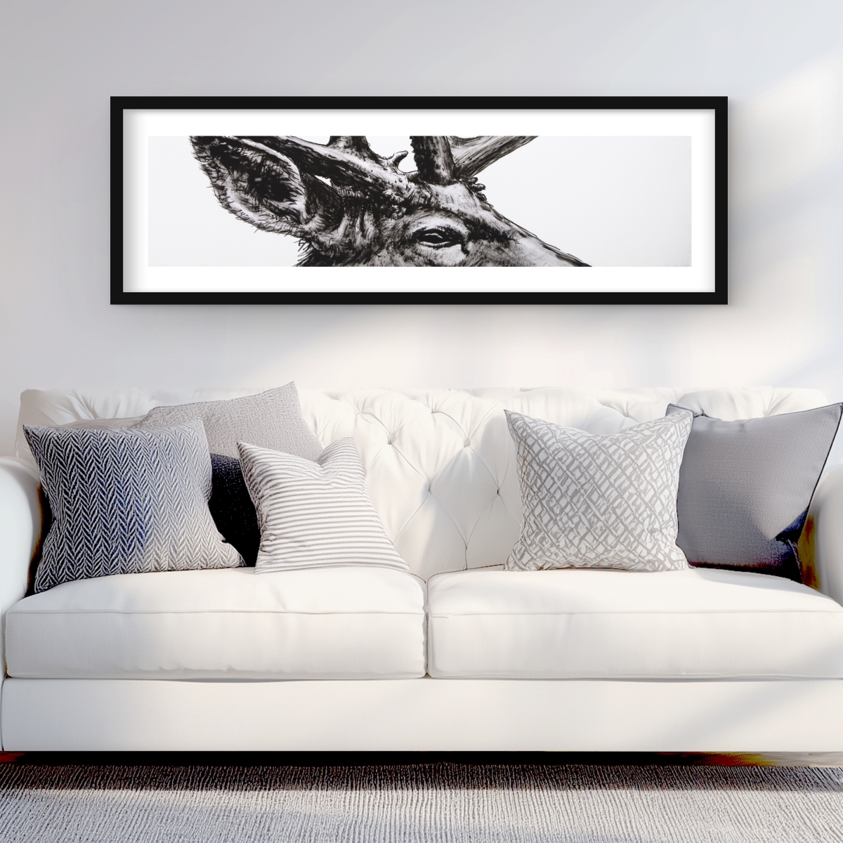 C1FM1648FKDCF7 16 x 48 in. Roe Deer Plume - Black & White Framed Print for Home Decor