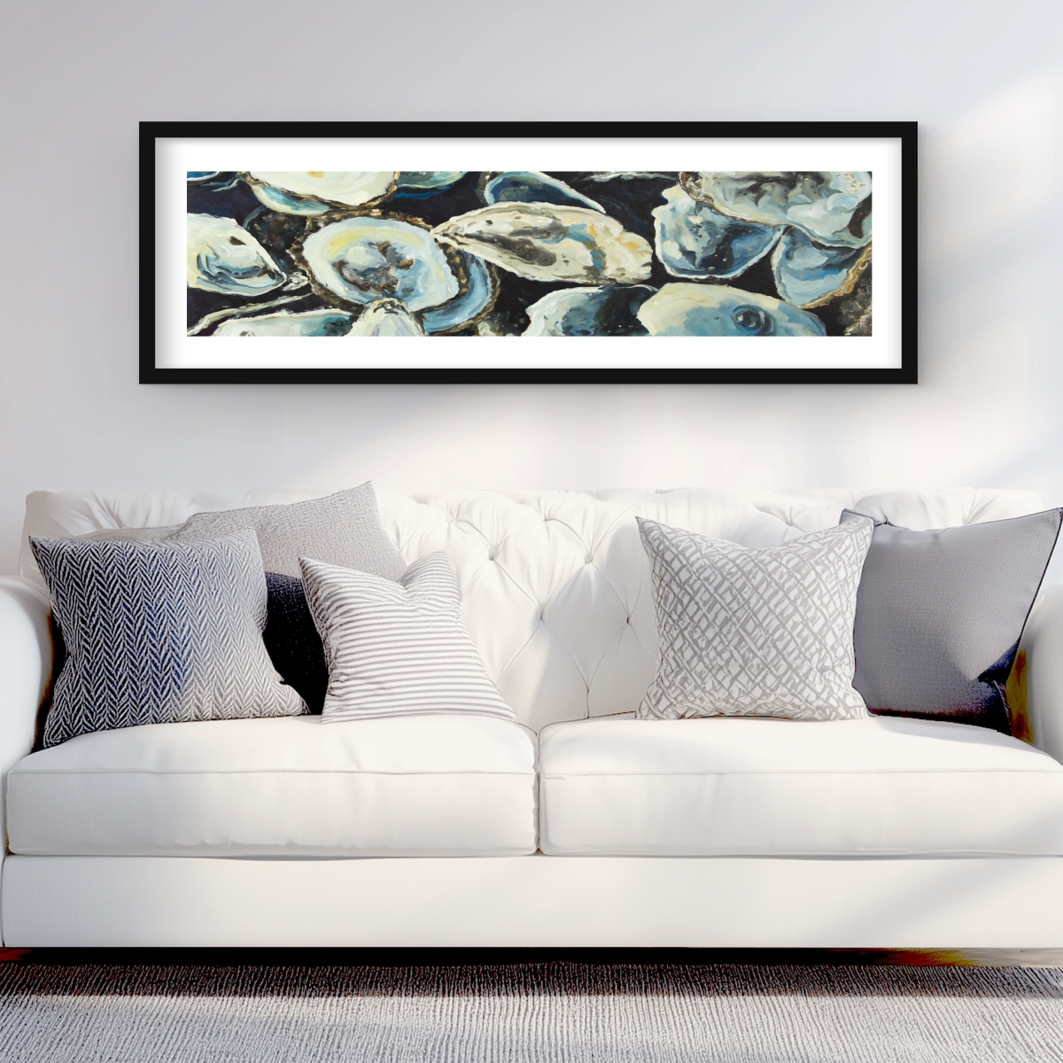 C1FM1648W044ES 16 x 48 in. Oyster Shells Framed Matted Print - Blue Aquatic Home Decor