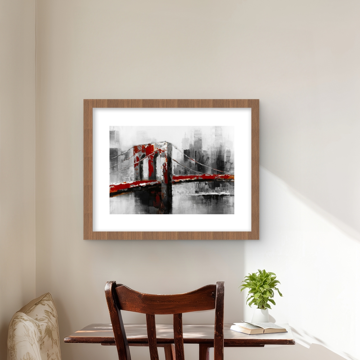 C1FM1620EG61TU 16 x 20 in. Abstract & Red Brooklyn Bridge - Framed Matted Print Decor