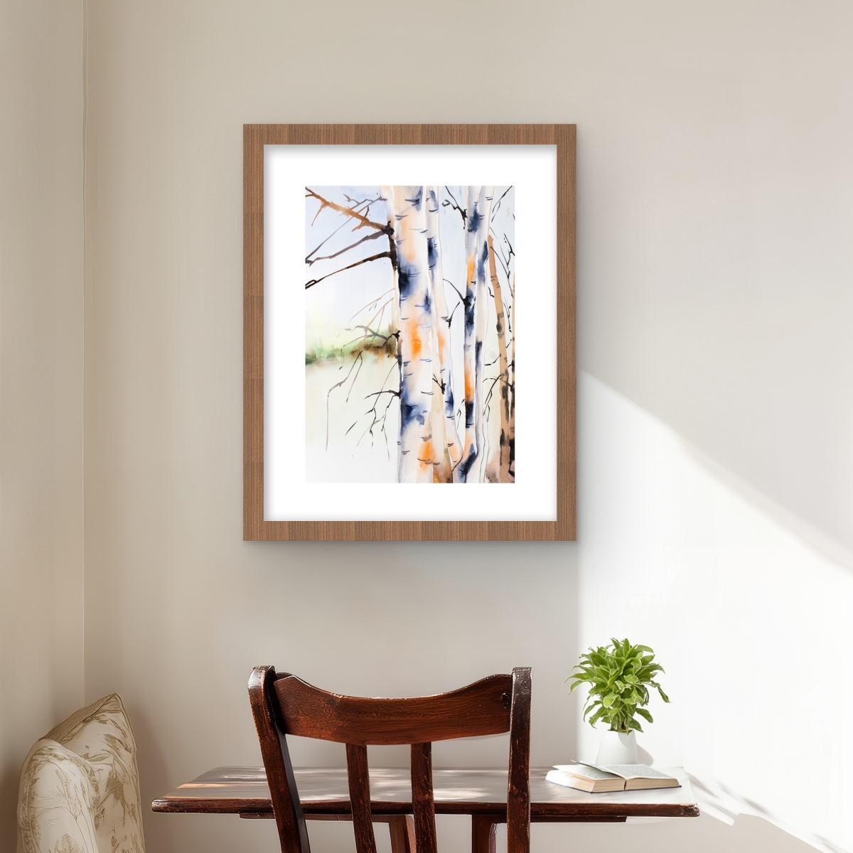 C1FM1620LUO7ST 16 x 20 in. Birches Trunks - Landscapes Orange Framed Matted Print Decor