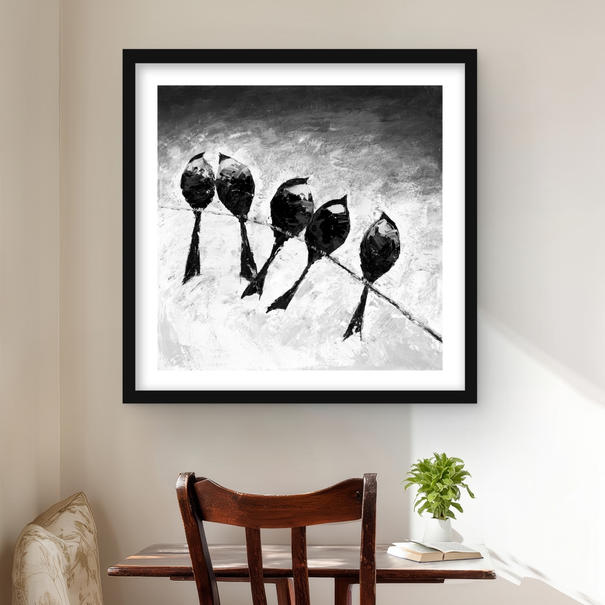 C1FM2424L9AJYW 24 x 24 in. Five Birds Perched - Feathers Black Framed Matted Print