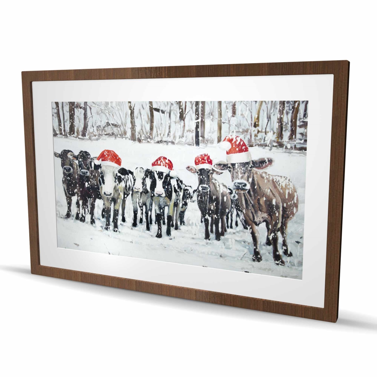C1FM2436VS87I3 24 x 36 in. Curious Christmas Cows - White Framed Matted Print for Decor