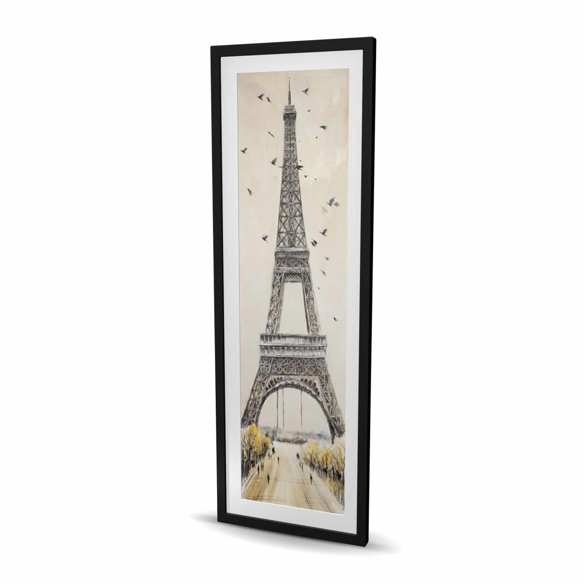 C1FM2060CJF14W 20 x 60 in. Eiffel Tower with Flying Birds - Beige Framed Matted Print