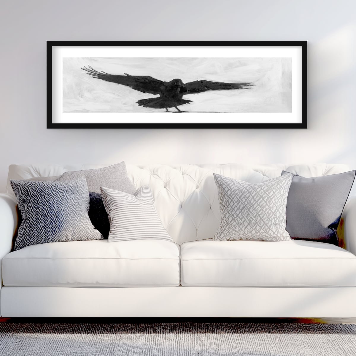 C1FM16480PNH7P 16 x 48 in. Crow in Flight - Framed Matted Print for Home Decor