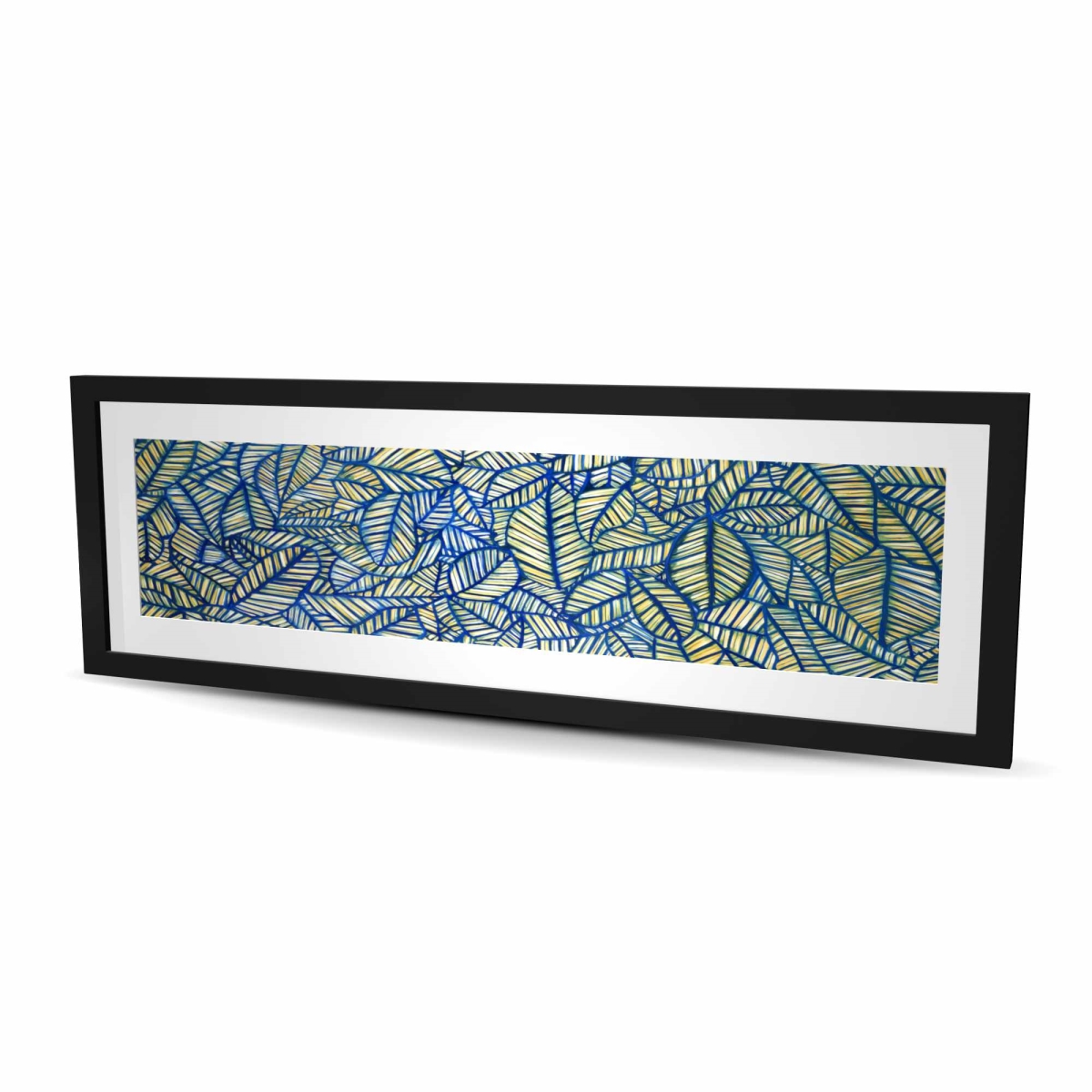 C1FM1648MTJI4Z 16 x 48 in. Blue Leaf Patterns - Office Blue Framed Matted Print Decor