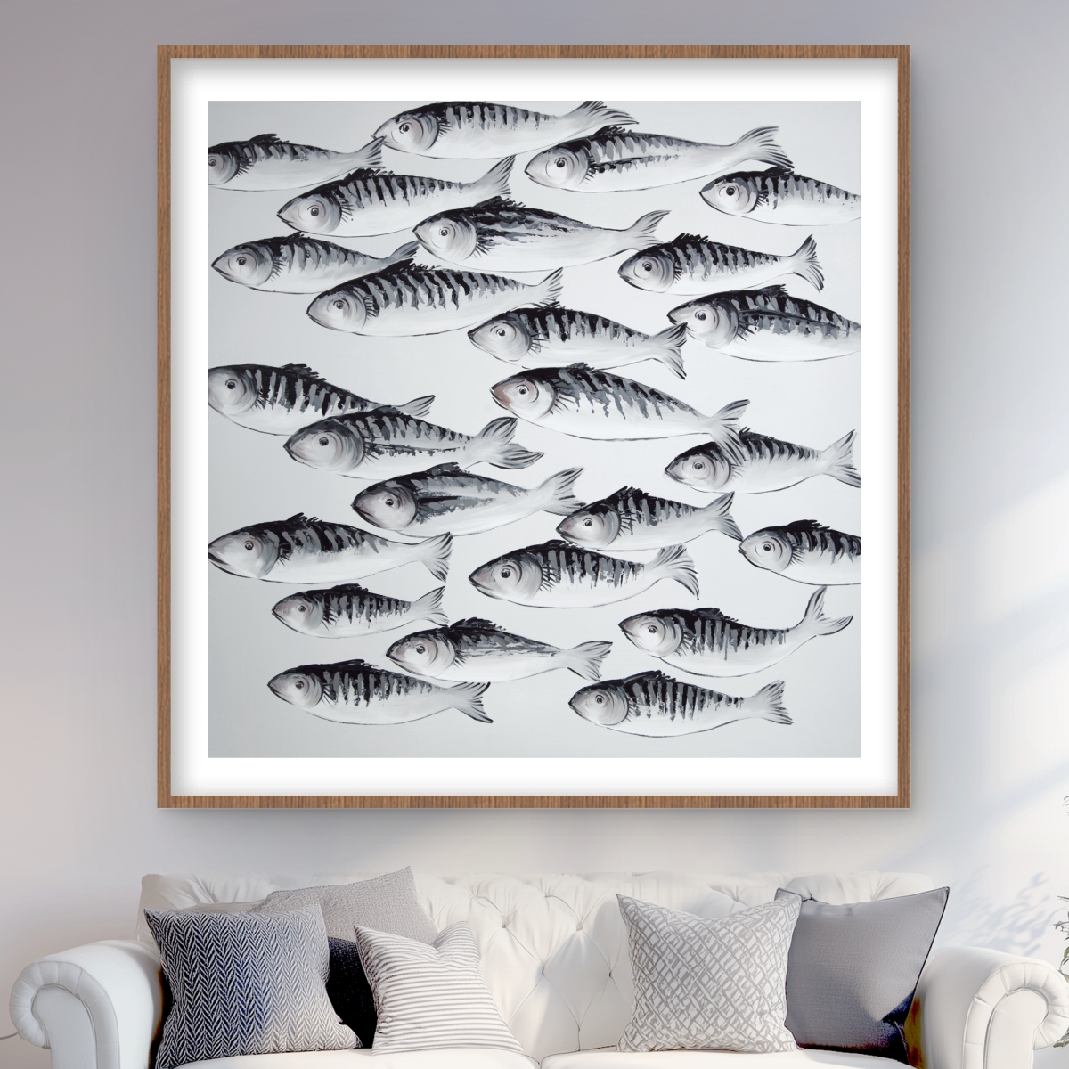C1FM4848J4LILL 48 x 48 in. Gray School of Fish - Sea Modern Framed Matted Print Decor