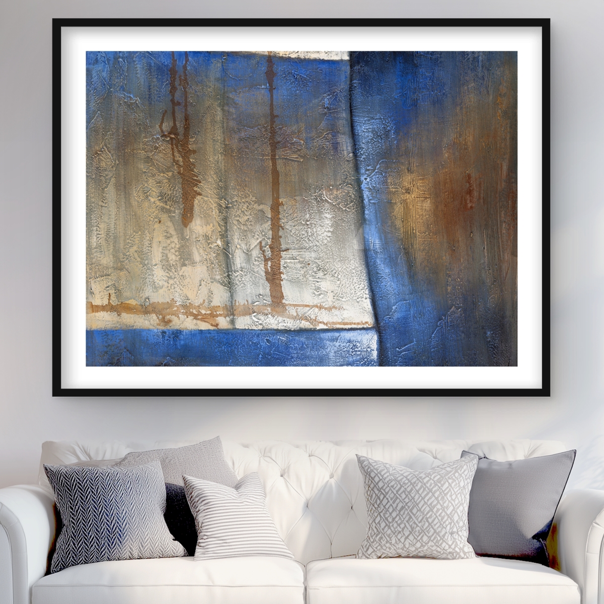 C1FM3648YD8348 36 x 48 in. Luminous Blue & Bronze Shape - Abstract Framed Print Decor