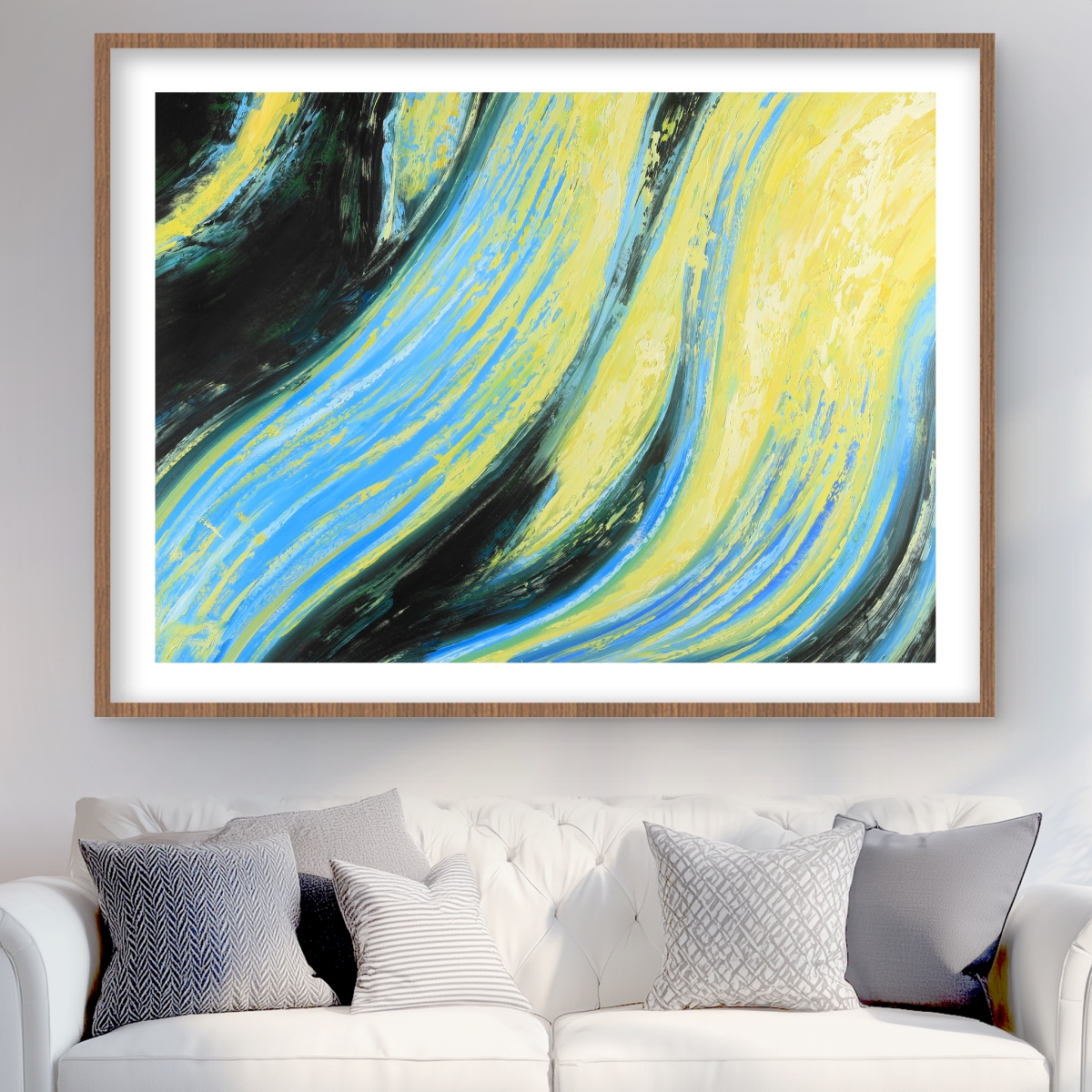 C1FM3648YA08WE 36 x 48 in. Wavy Magical Liquid - Modern Blue Framed Matted Print Decor