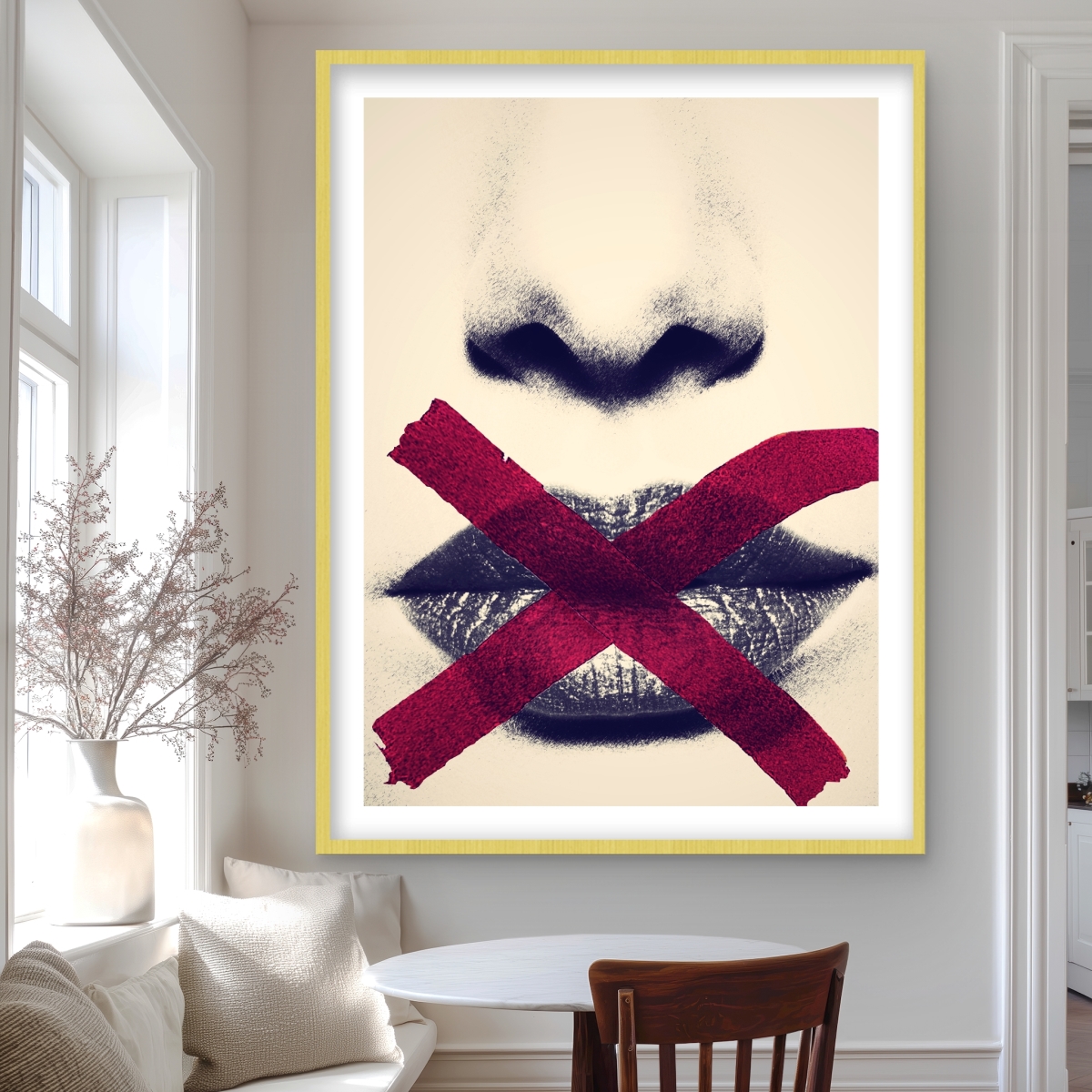 C1FM3648PR4I9C 36 x 48 in. Grayscale Lips with Red X - Figurative Gray Framed Print