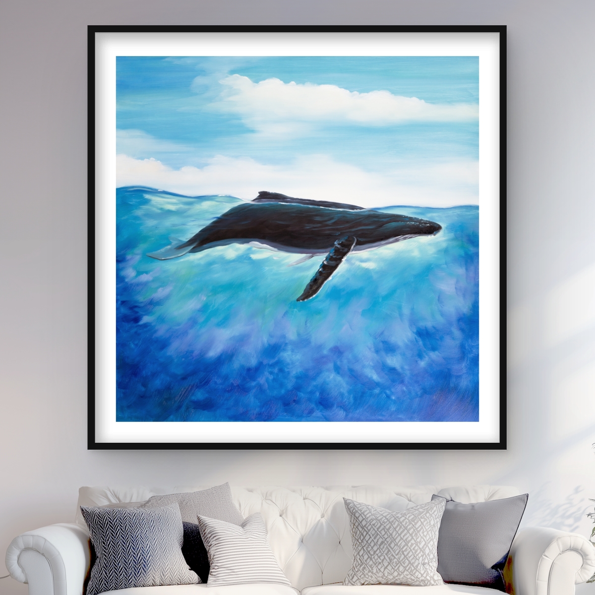 C1FM4848TZRDMT 48 x 48 in. Blue Whale - Framed Matted Print for Blue Animals Decor
