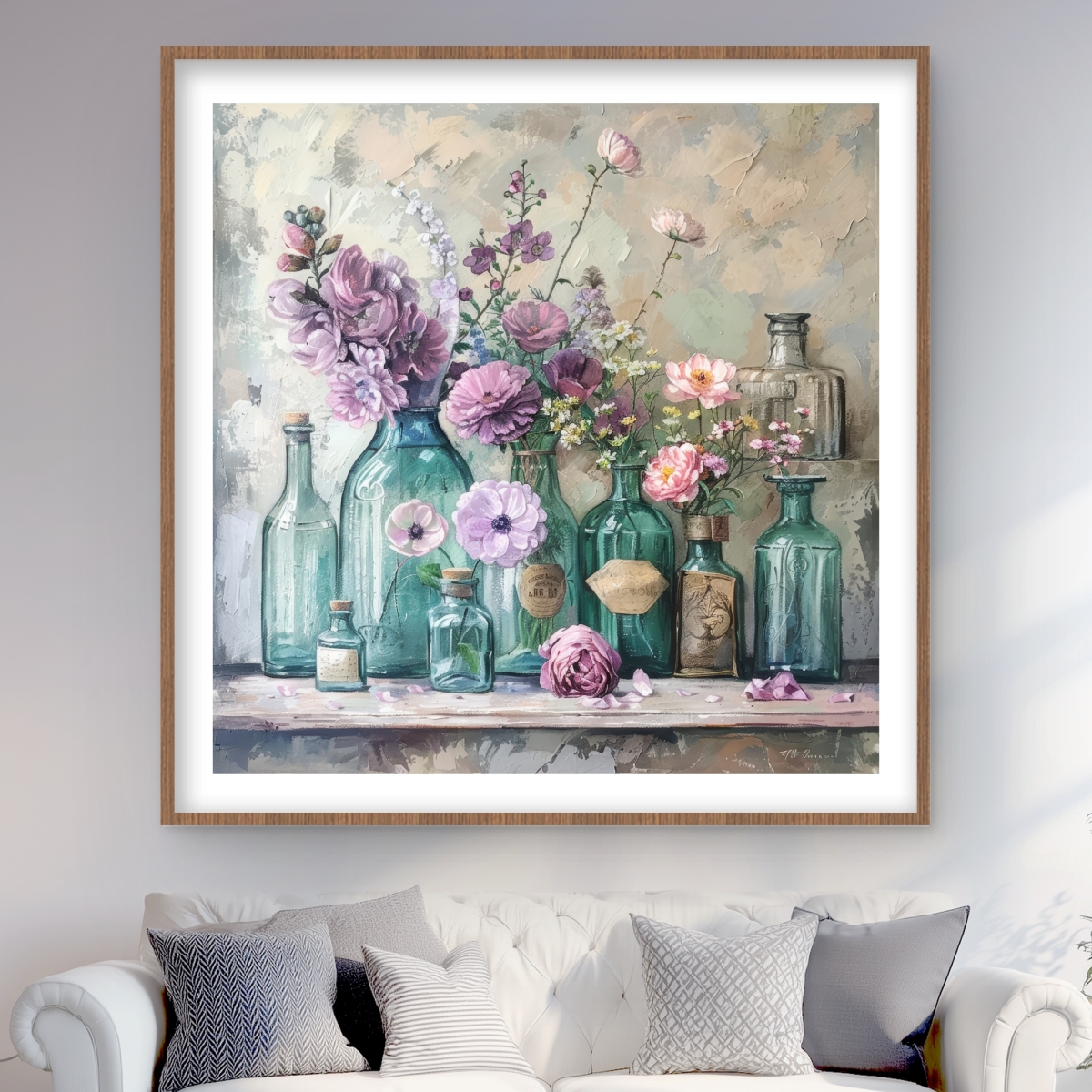 C1FM4848EOLOYF 48 x 48 in. Bottles - Beige Framed Matted Print for Home Decor