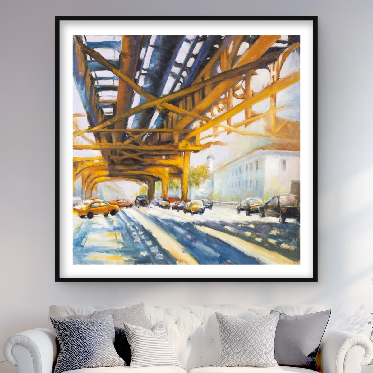 C1FM4848F09K69 48 x 48 in. Traffic Under the Bridge - Cities Blue Framed Matted Print