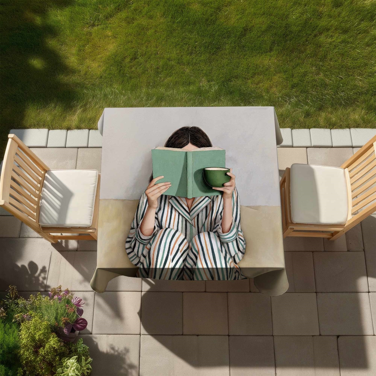Picture of Begin Home Decor C1TC58589QBTZE 58 x 58 in. Calmly Reading Beige Tablecloth - Indoor Outdoor Home Decor