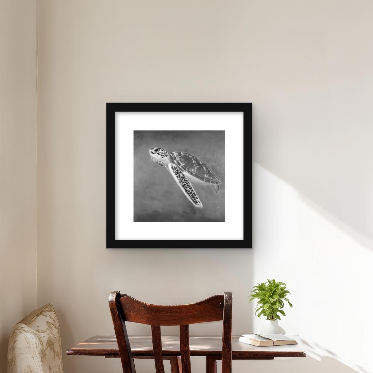 C1FM16163ZO4NT 16 x 16 in. Grayscale Sea Turtle - Exotic Black Framed Matted Print