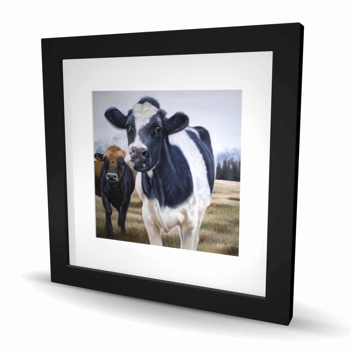 C1FM1616SSQAC8 16 x 16 in. Two Cows Eating Grass - Rustic Animal Framed Print Decor