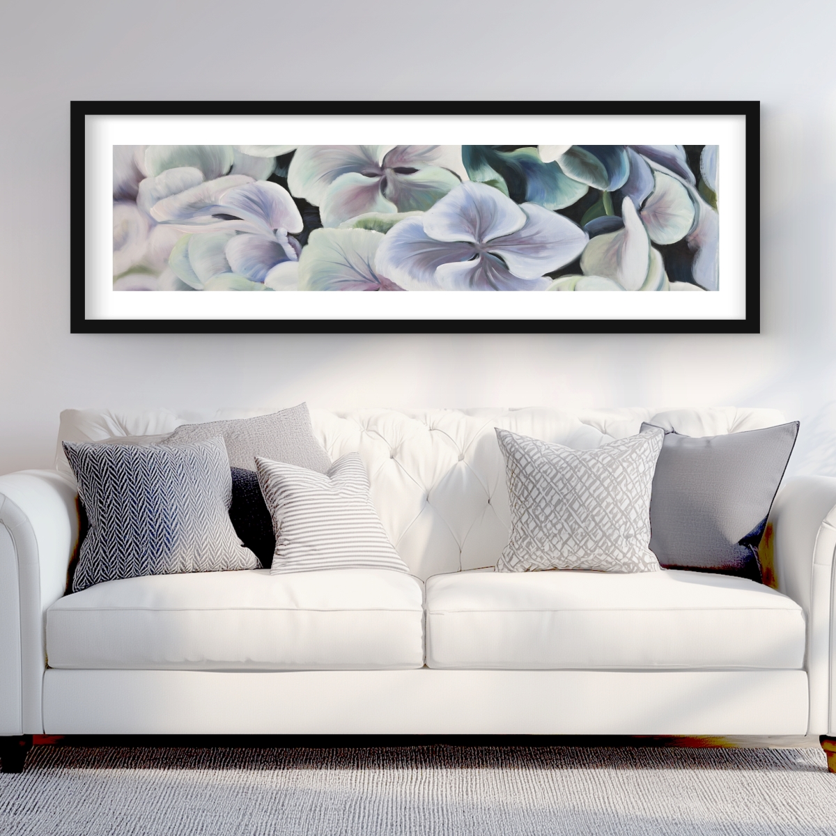 C1FM2060232X0C 20 x 60 in. Colorful Hydrangea Flowers - Framed Botanical Print Decor