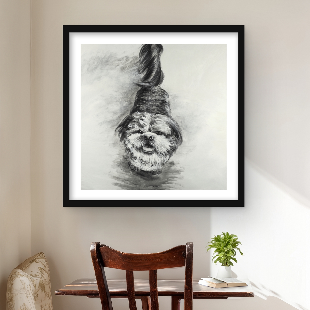 C1FM2424OEVWJD 24 x 24 in. Happy Dog Sketch - Framed Matted Print for Bedroom Decor