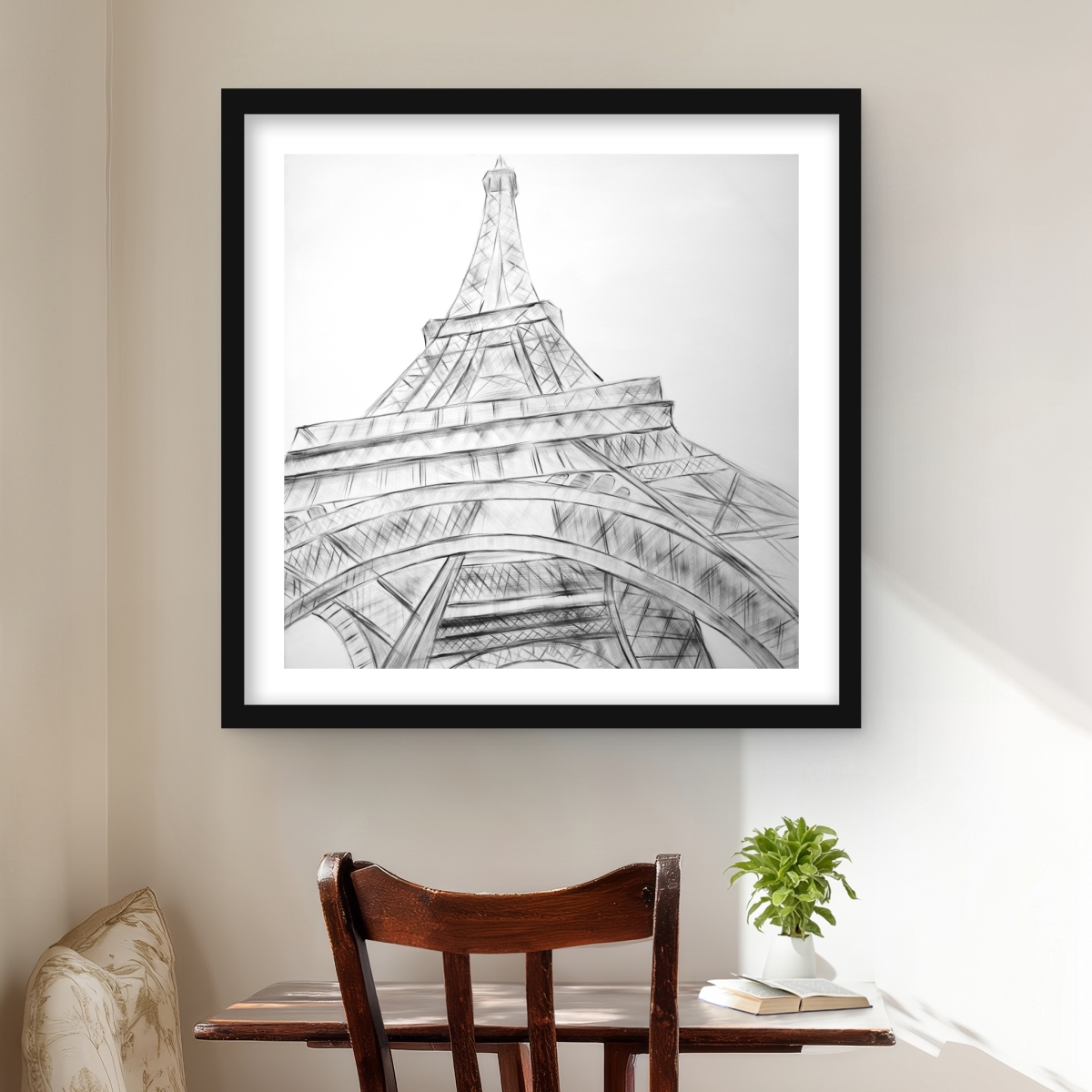 C1FM2424SVREZ2 24 x 24 in. Eiffel Tower Sketch Black & White - Framed Matte Print Decor