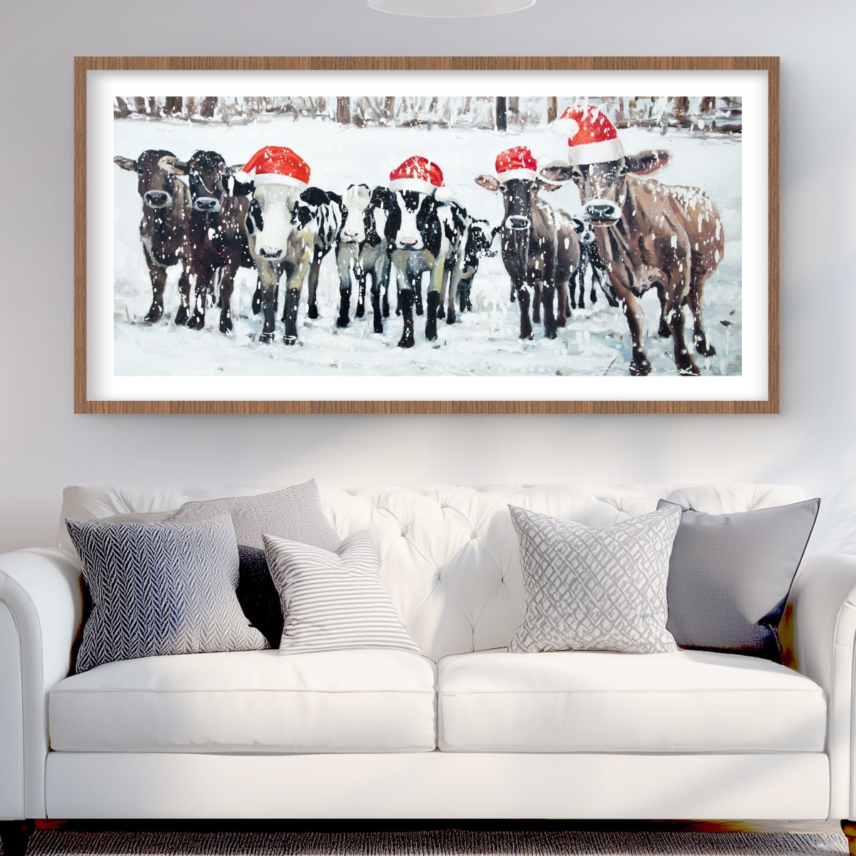 C1FM244876FQ65 24 x 48 in. Curious Christmas Cows - Rustic Animals Framed Print Decor