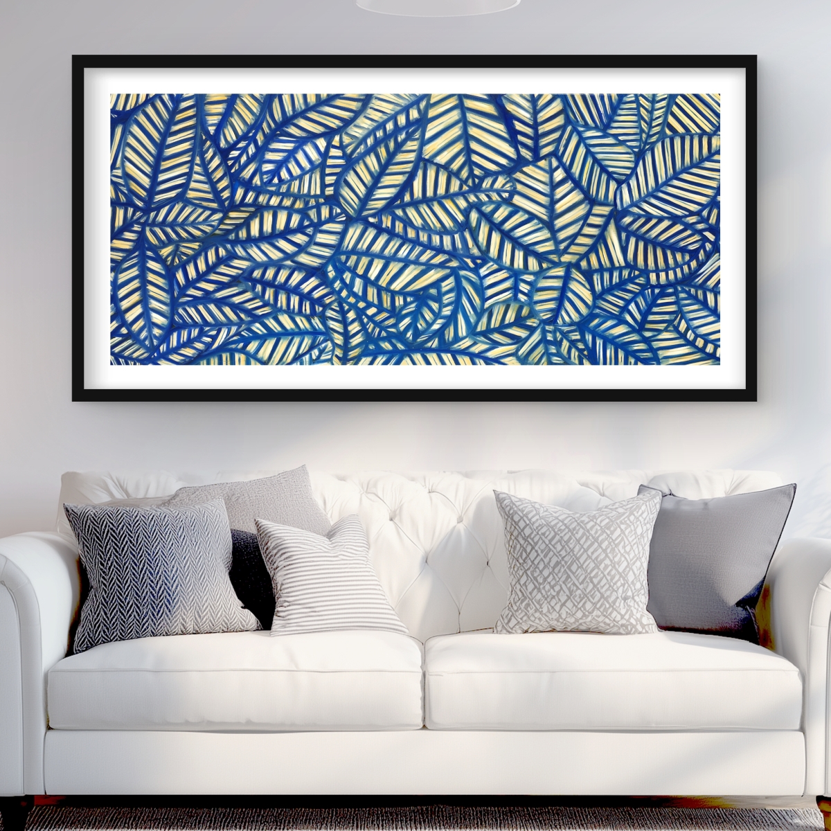 C1FM2448FWRIL8 24 x 48 in. Leaves Patterns - Blue Framed Matted Print for Home Decor