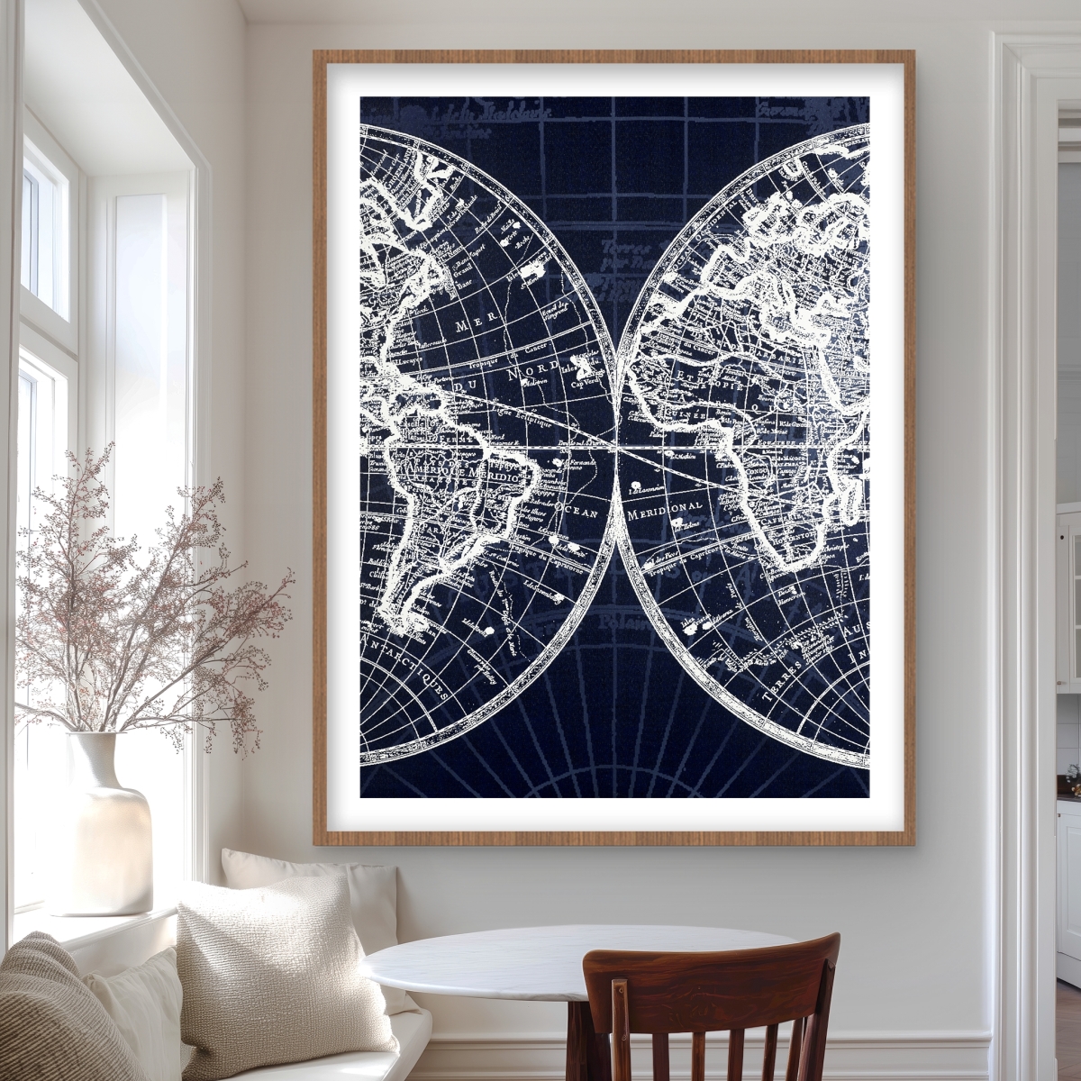 C1FM36480FDQV7 36 x 48 in. World Map Blue Print - Satellite View Cities Framed Print