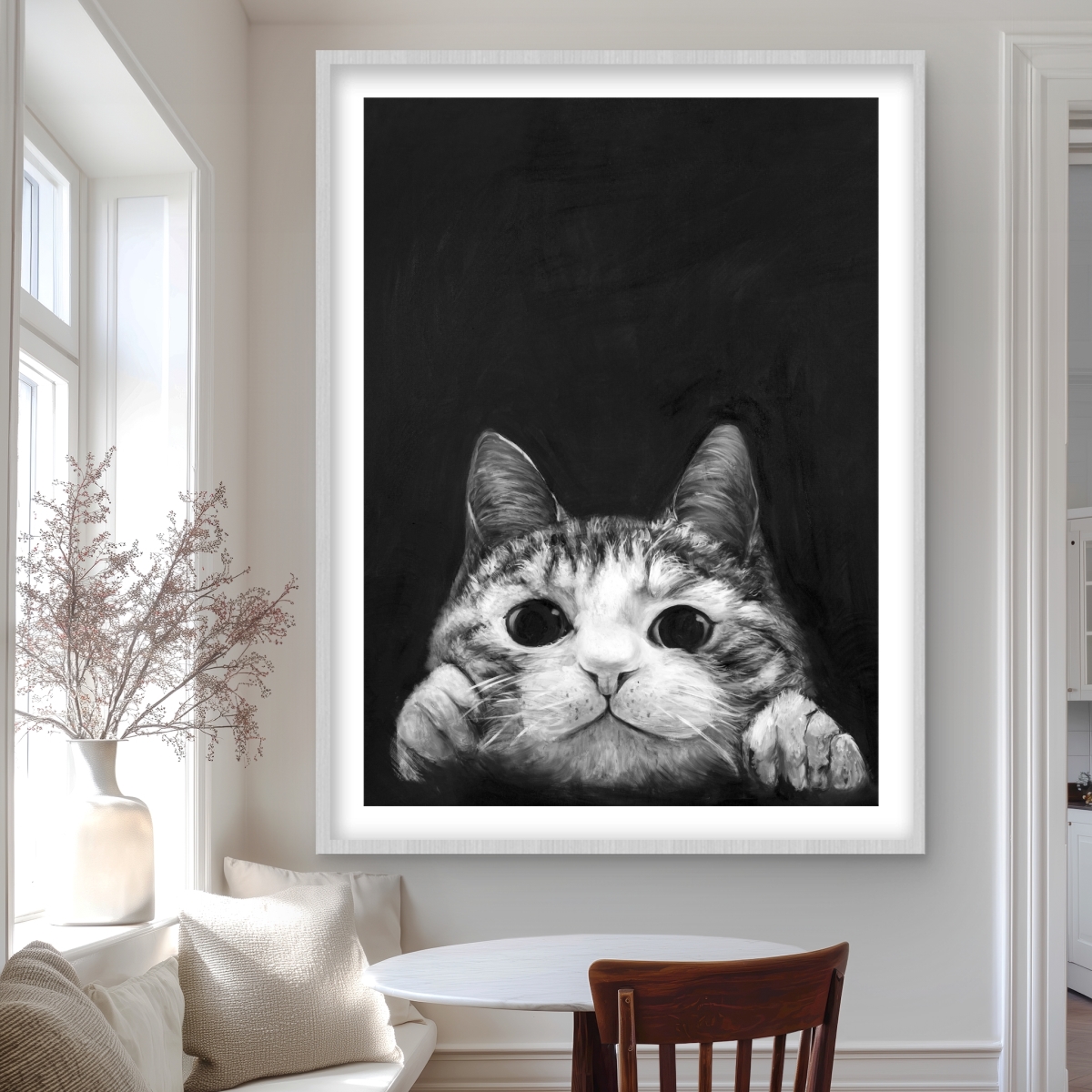 C1FM3648W0JX3A 36 x 48 in. Curious Cat - Black & White Framed Matted Print for Decor