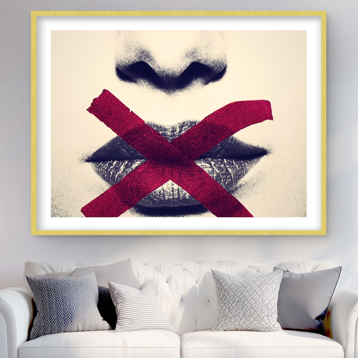 C1FM3648X9SIXI 36 x 48 in. Grayscale Lips with A Red X - Modern Framed Print for Decor